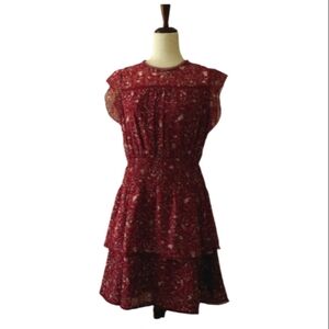 AQUA Women's Floral Print Tiered Flutter Sleeve Boho Mini Dress Burgundy Size S